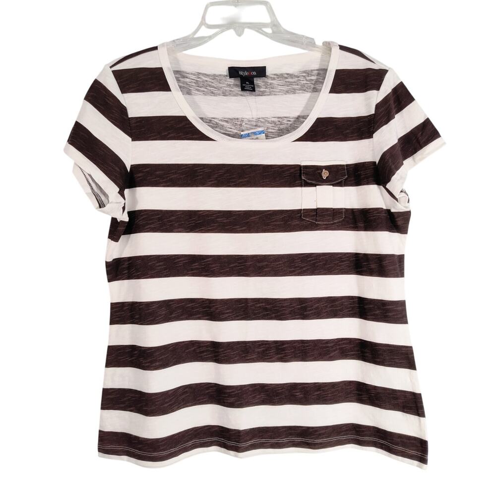 Style & Co Cozy Luxe Tee Women's Size XL Coffee Eggshell Stripe Short Sleeve Top